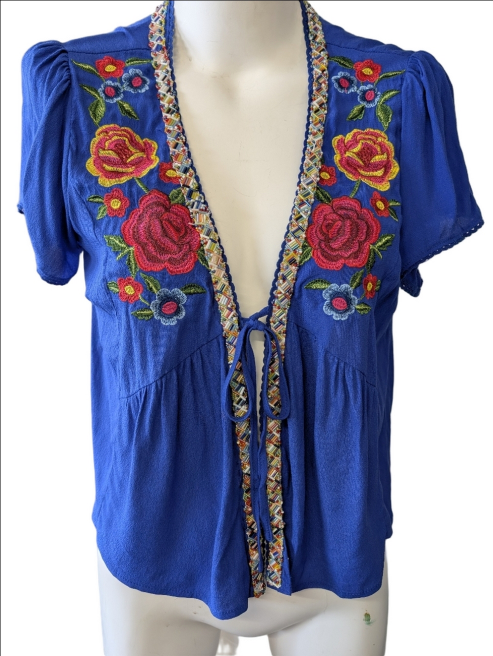 Blue Embroidered Short Sleeve Floral Beaded Tie-Front Crop Boloro Style Top